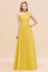 Yellow One Shoulder Chiffon A-Line Long Bridesmaid Dress