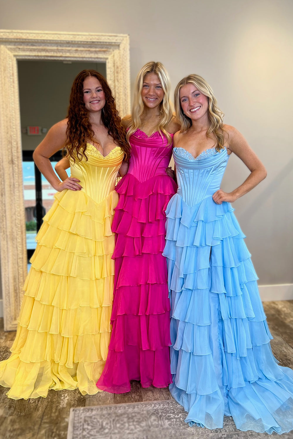 Yellow Princess Sweetheart Chiffon Ruffled Long Corset Prom Dress with Slit