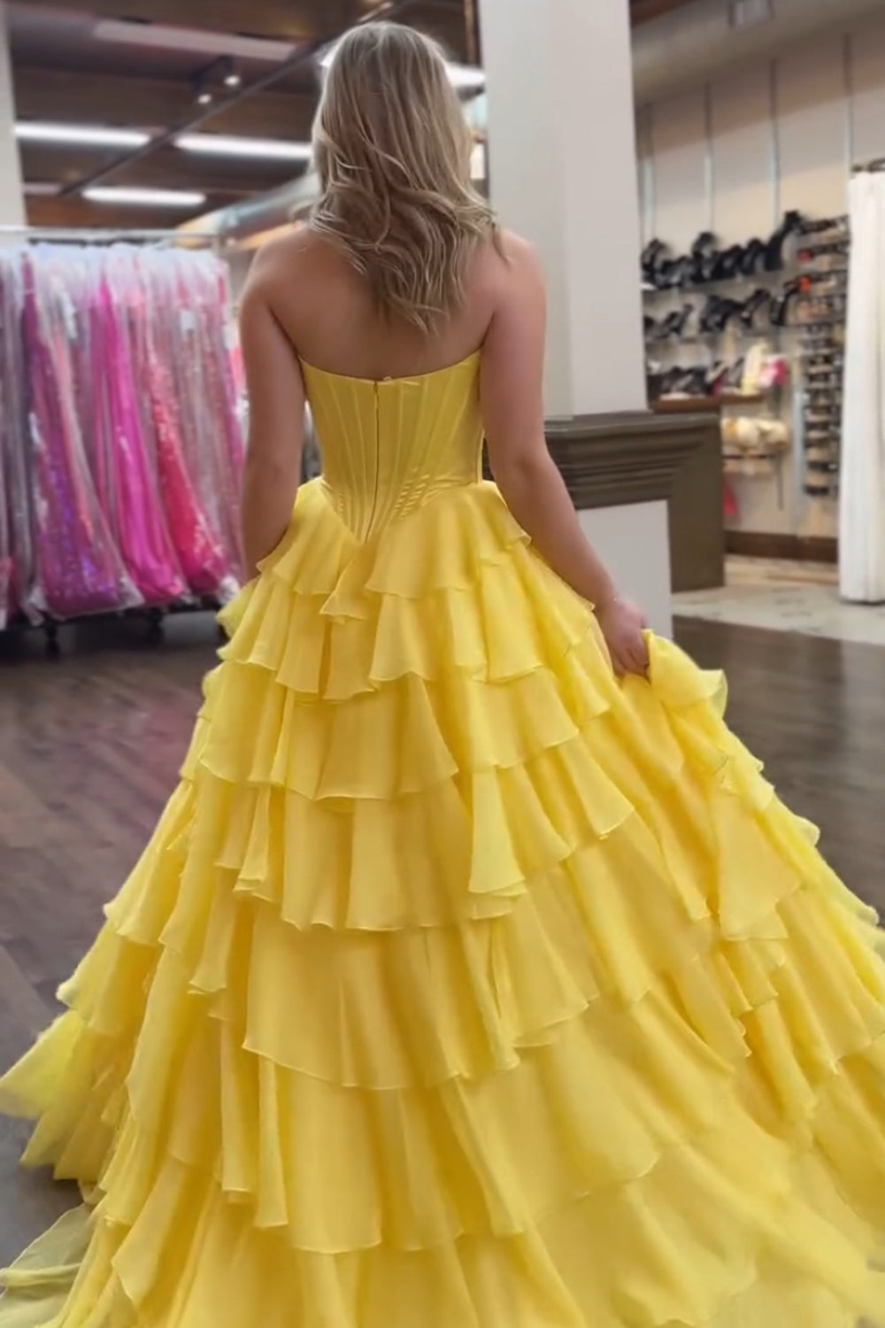 Yellow Princess Sweetheart Chiffon Ruffled Long Corset Prom Dress with Slit