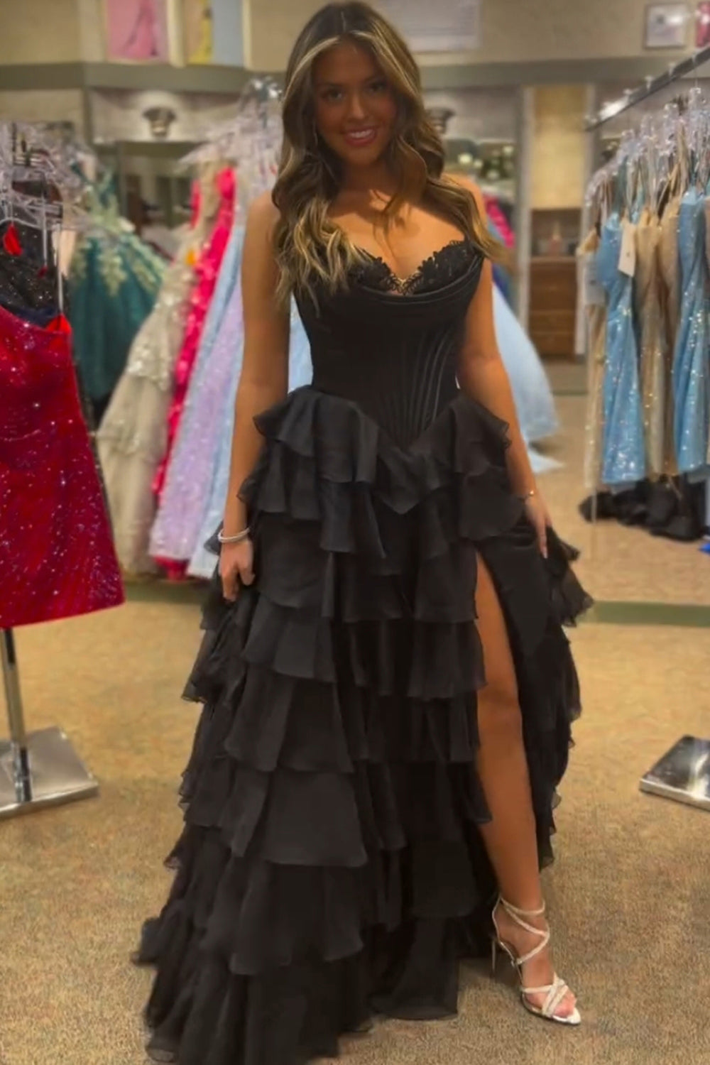 Yellow Princess Sweetheart Chiffon Ruffled Long Corset Prom Dress with Slit