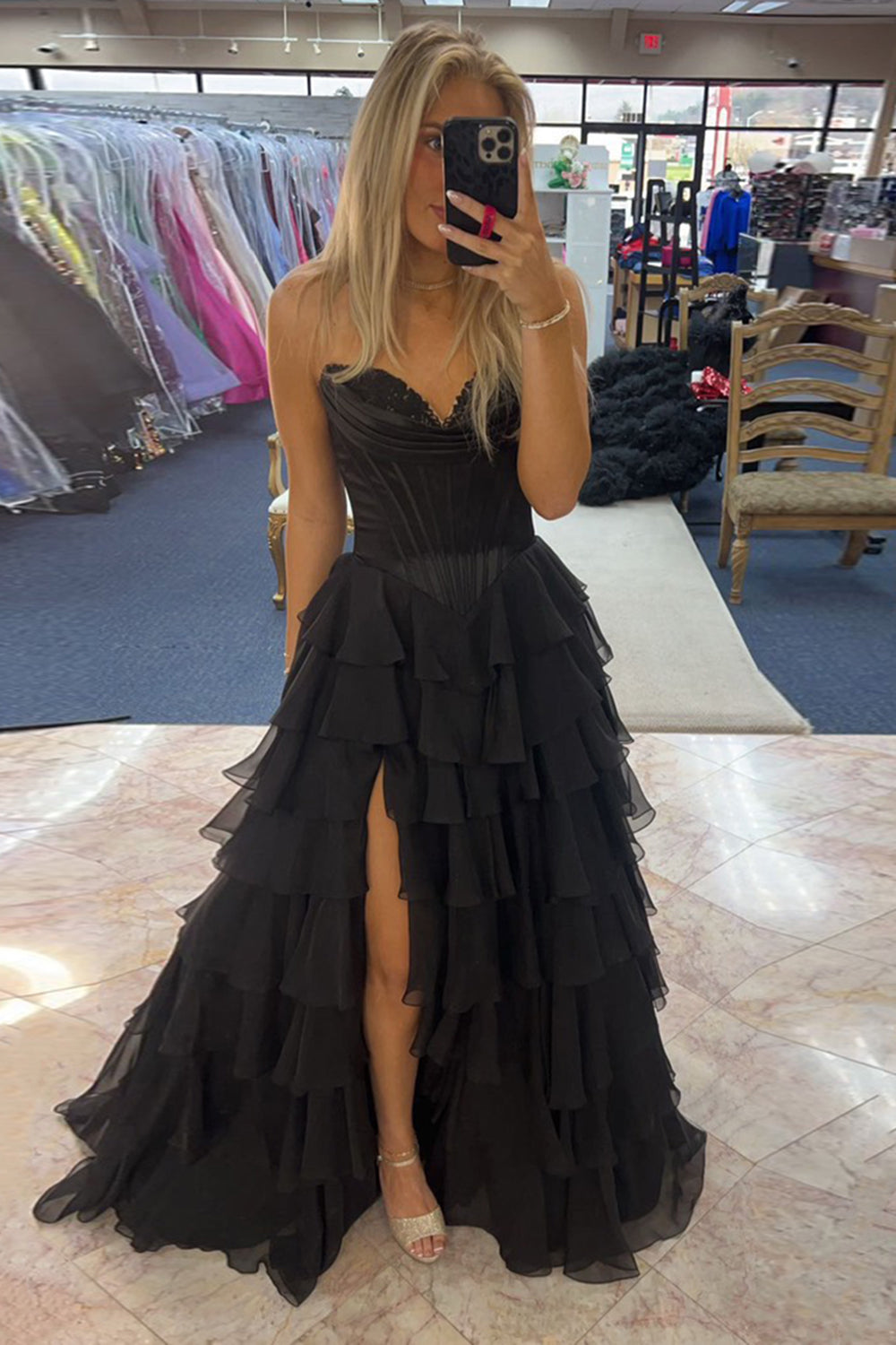 Yellow Princess Sweetheart Chiffon Ruffled Long Corset Prom Dress with Slit