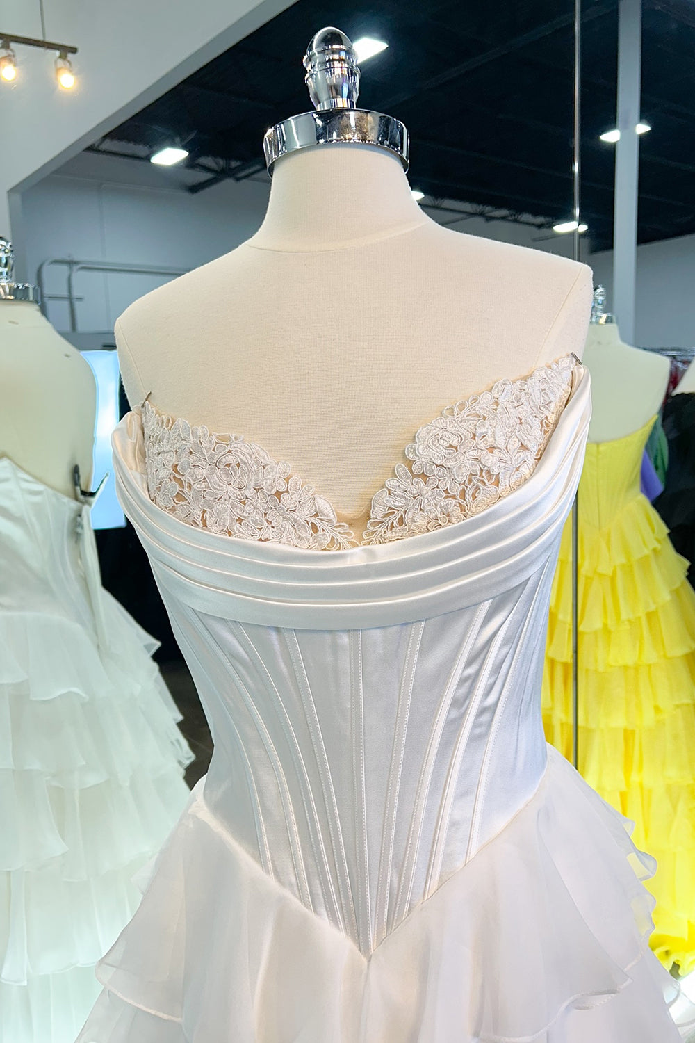 Yellow Princess Sweetheart Chiffon Ruffled Long Corset Prom Dress with Slit