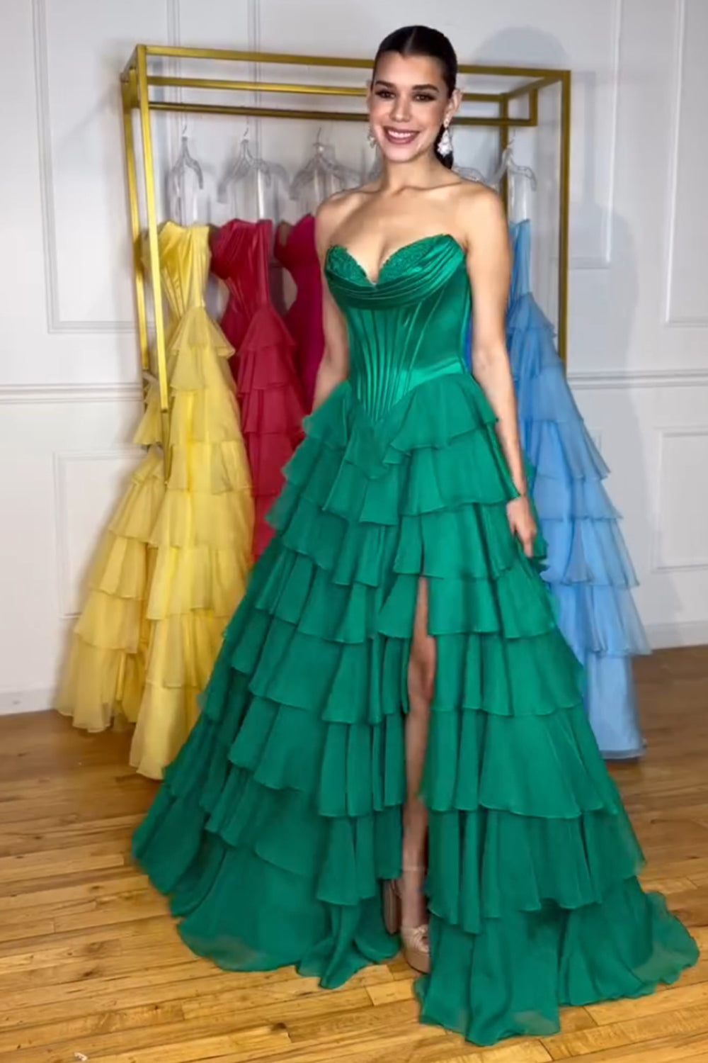 Yellow Princess Sweetheart Chiffon Ruffled Long Corset Prom Dress with Slit