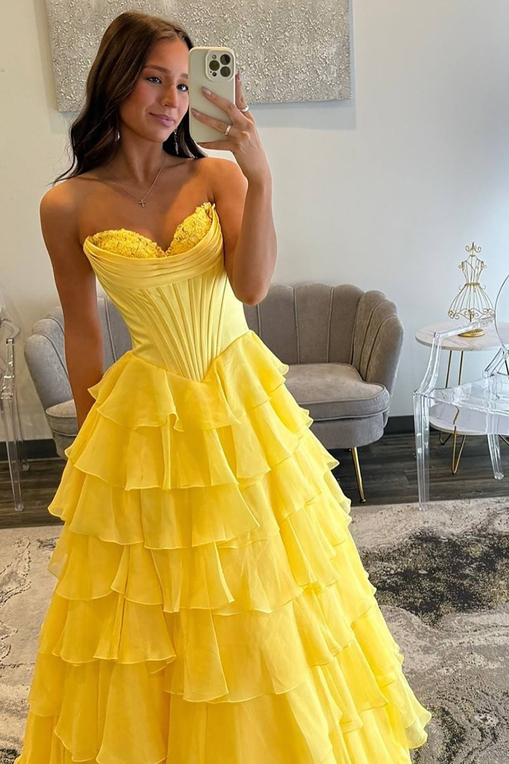 Yellow Princess Sweetheart Chiffon Ruffled Long Corset Prom Dress with Slit