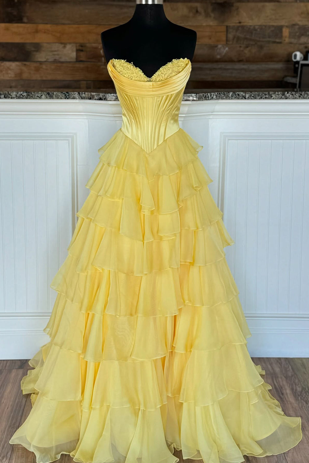 Yellow Princess Sweetheart Chiffon Ruffled Long Corset Prom Dress with Slit