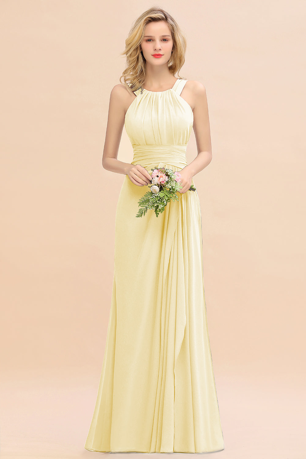 Yellow Scoop Neck Chiffon A-Line Long Bridesmaid Dress