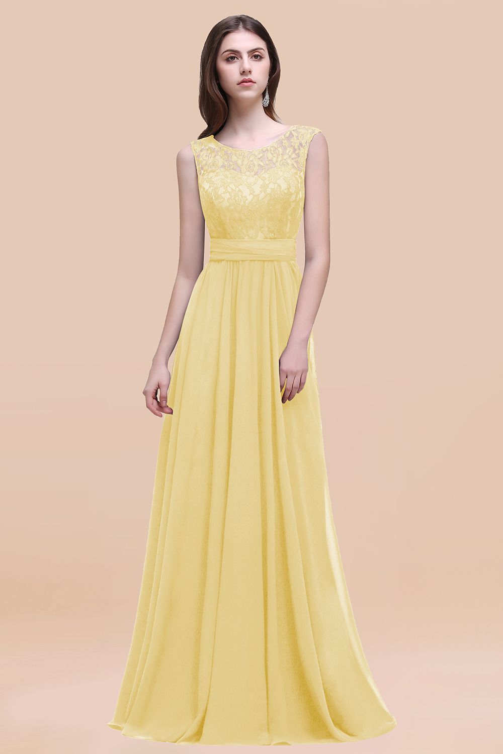 Yellow Scoop Neck Chiffon A-Line Long Bridesmaid Dress