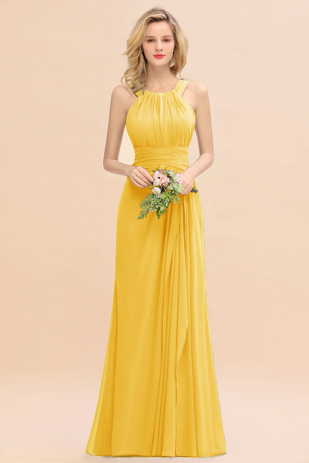 Yellow Scoop Neck Chiffon A-Line Long Bridesmaid Dress