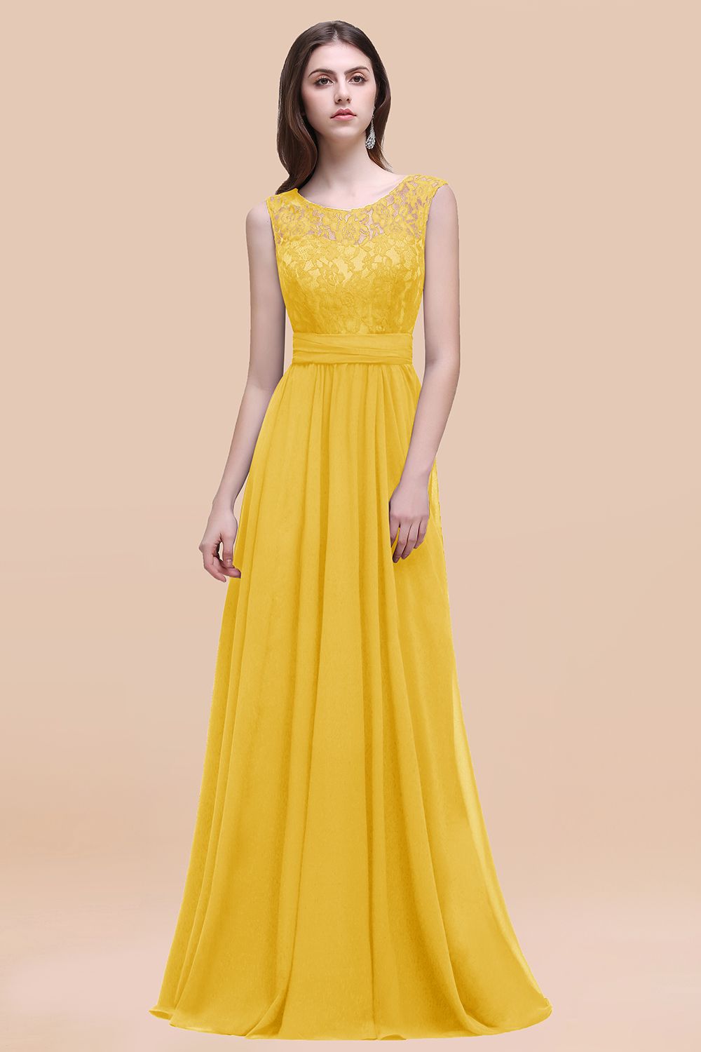 Yellow Scoop Neck Chiffon A-Line Long Bridesmaid Dress