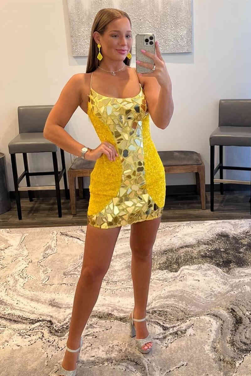 Yellow Scoop Neck Sequin Bodycon Homecoming Dress