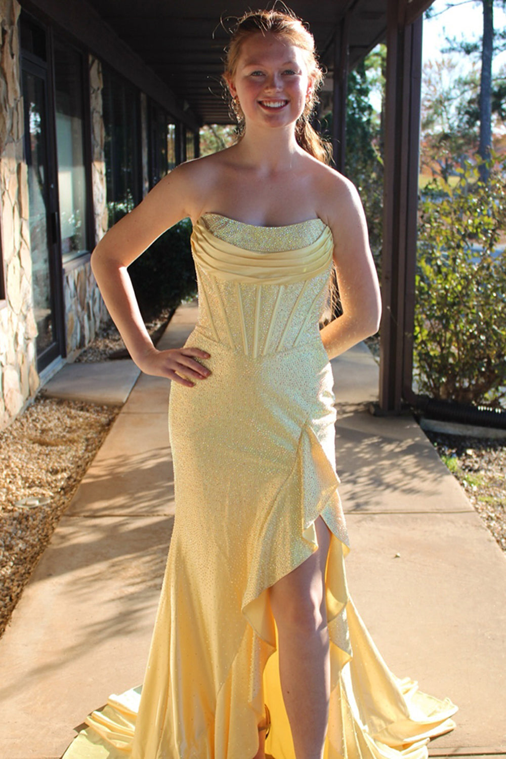 Yellow Strapless Mermaid Long Prom Dress with Slit
