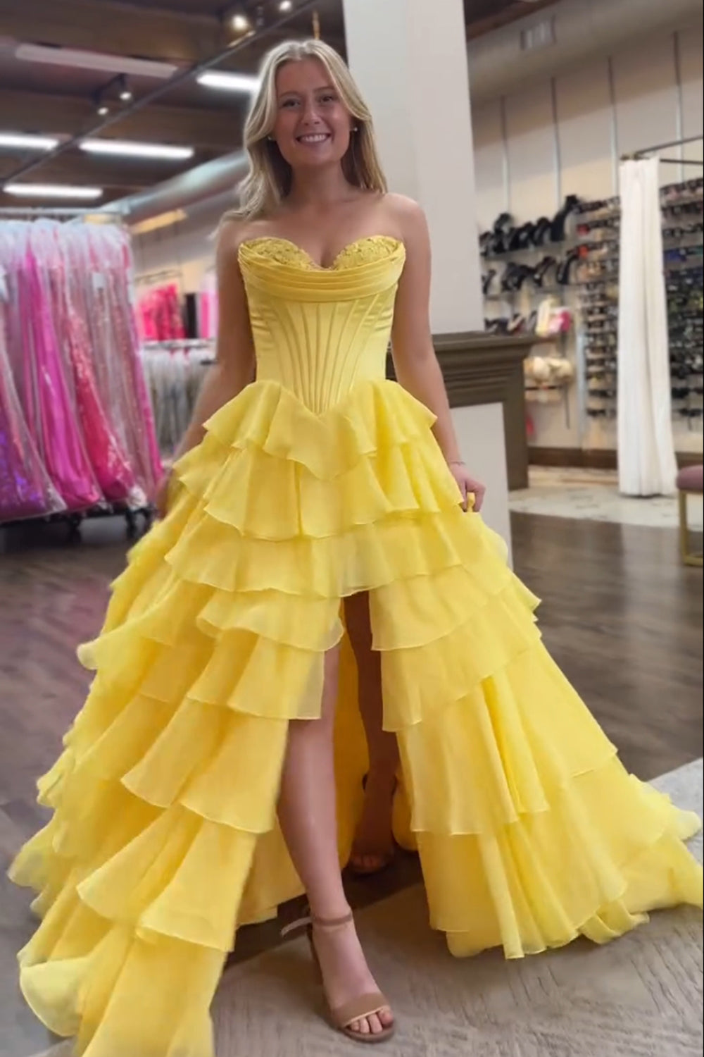 Yellow Sweetheart A-Line Long Prom Dress with Slit