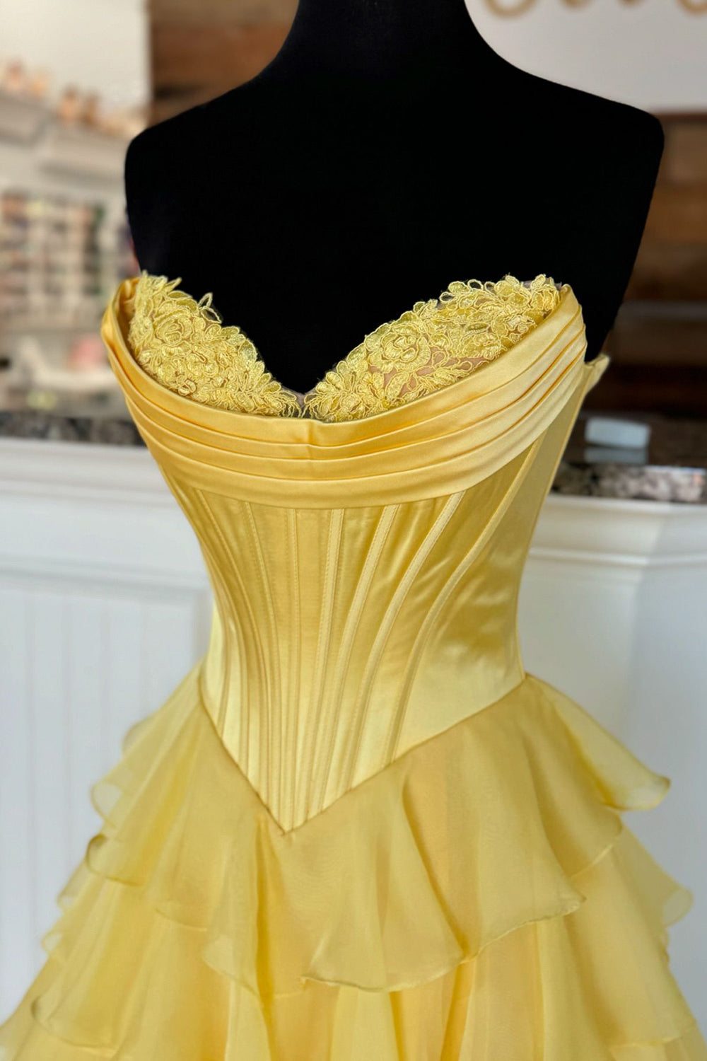 Yellow Sweetheart A-Line Long Prom Dress with Slit Bodice Detail