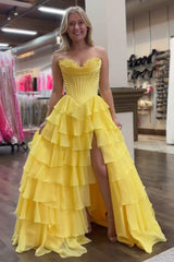 Yellow Sweetheart A-Line Long Prom Dress with Slit