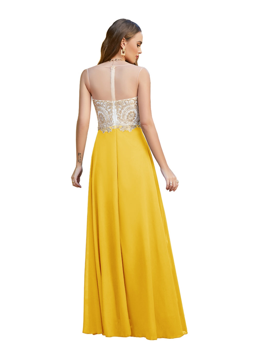 Yellow Sweetheart Chiffon A-Line Long Bridesmaid Dress Back View