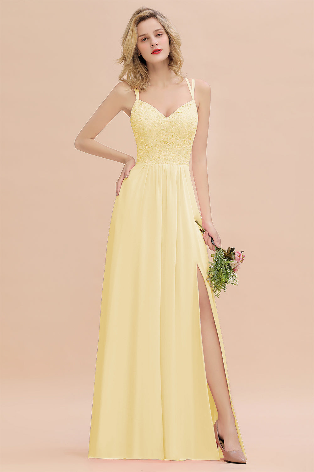 Yellow Sweetheart Chiffon A-Line Long Bridesmaid Dress with Slit