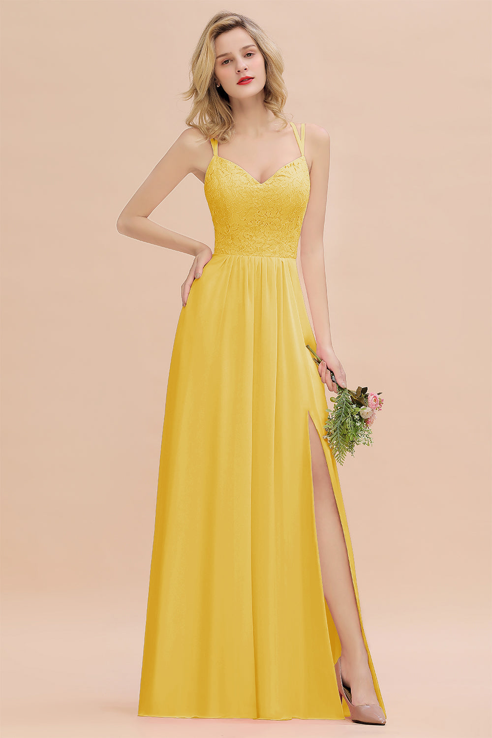 Yellow Sweetheart Chiffon A-Line Long Bridesmaid Dress with Slit