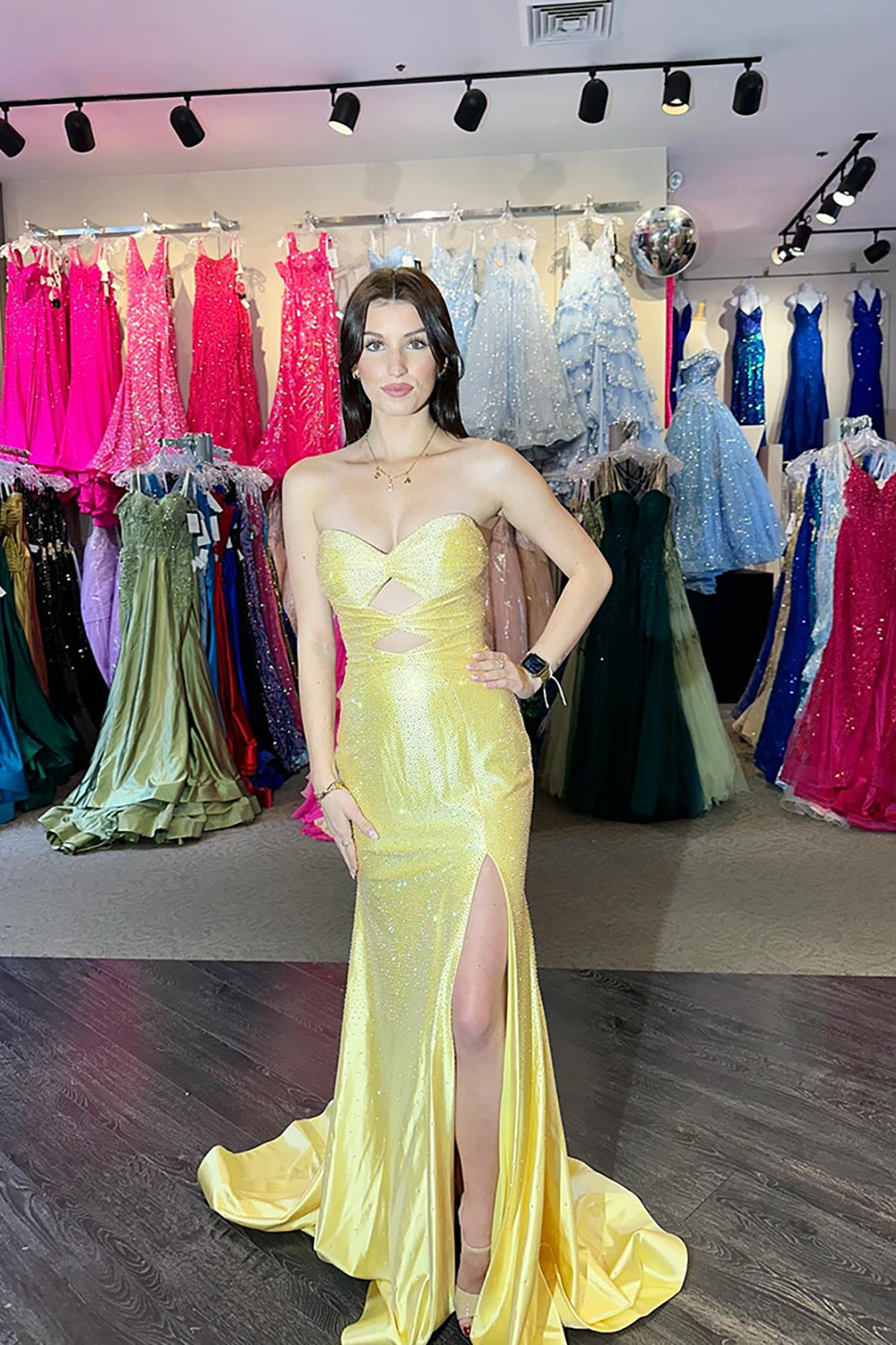 Yellow Sweetheart Sheath Long Prom Dress with Rhinestones and Slit