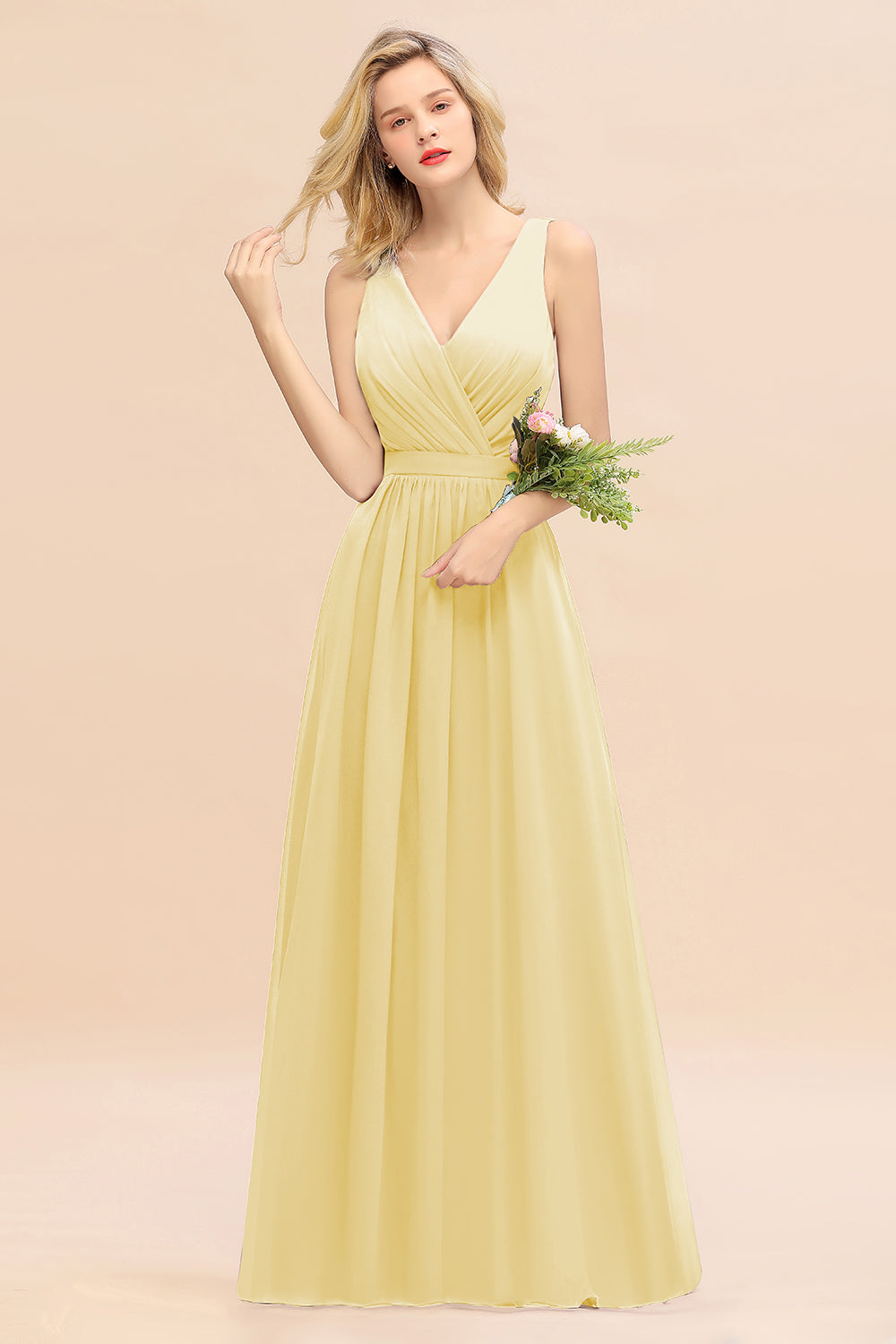 Yellow V-Neck Chiffon A-Line Long Bridesmaid Dress with Ruching