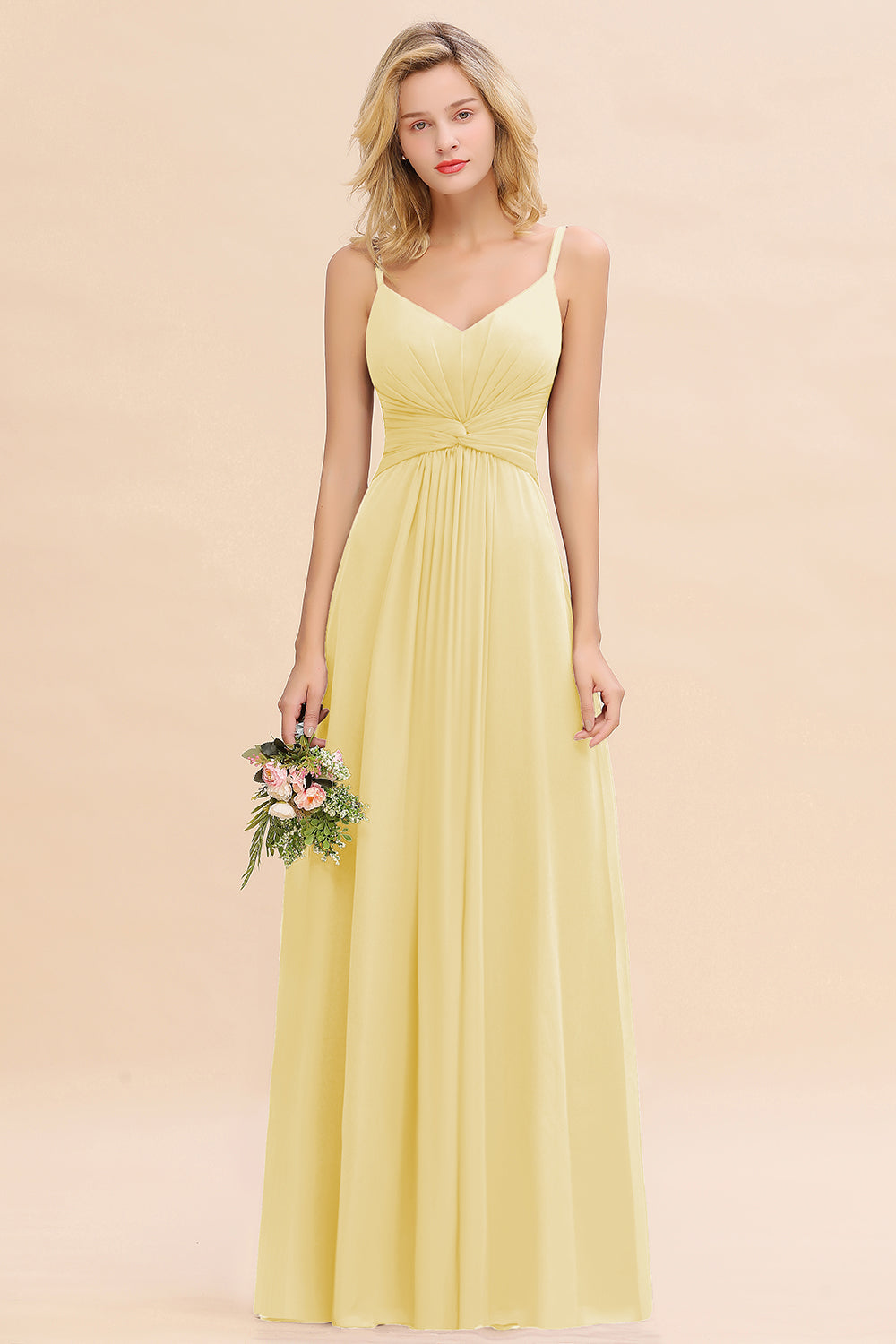 Yellow V-Neck Chiffon A-Line Long Bridesmaid Dress with Ruching