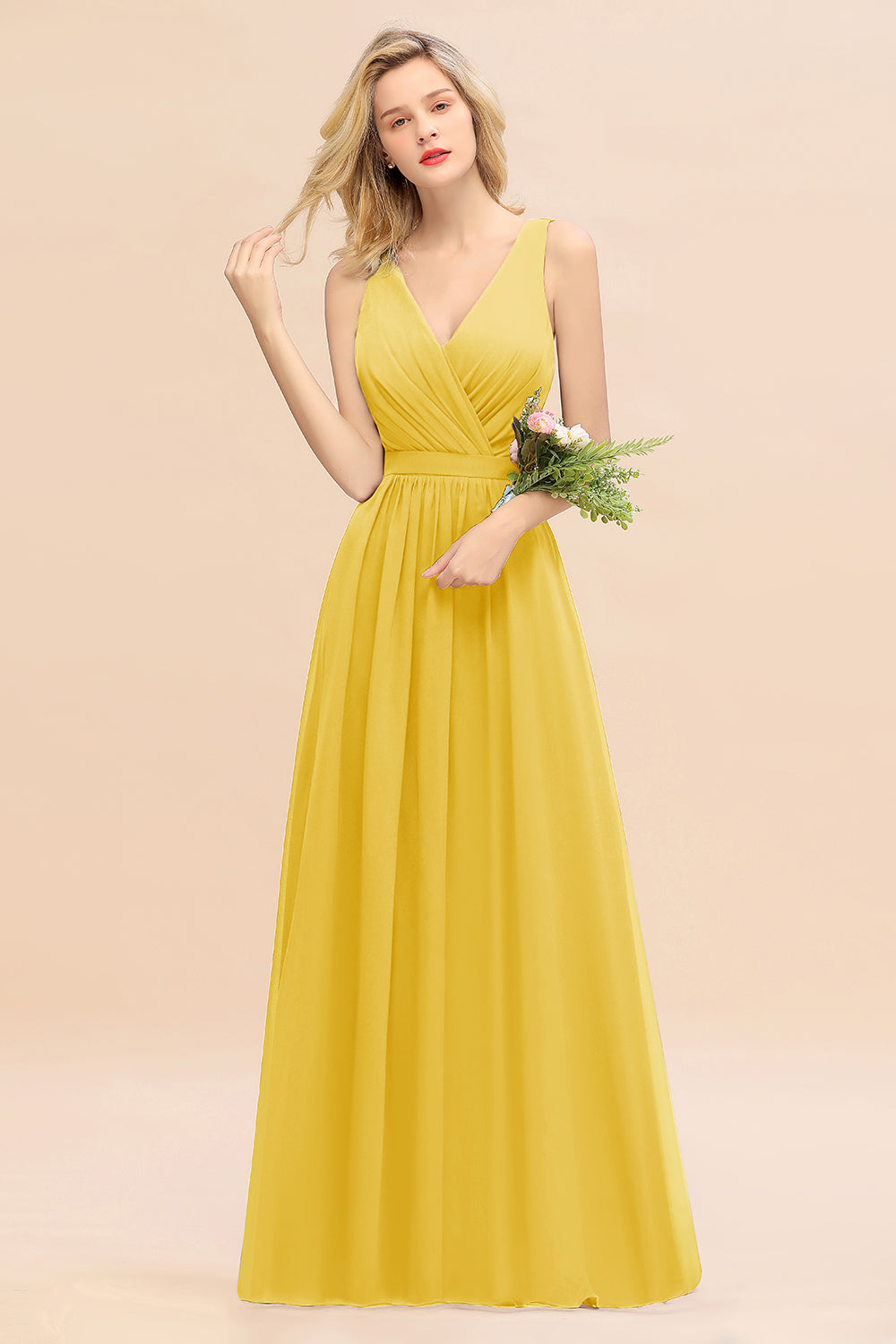 Yellow V-Neck Chiffon A-Line Long Bridesmaid Dress with Ruching