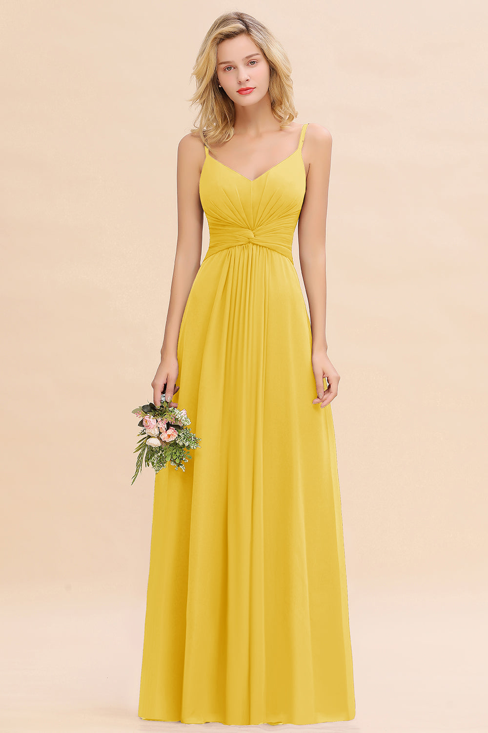 Yellow V-Neck Chiffon A-Line Long Bridesmaid Dress with Ruching