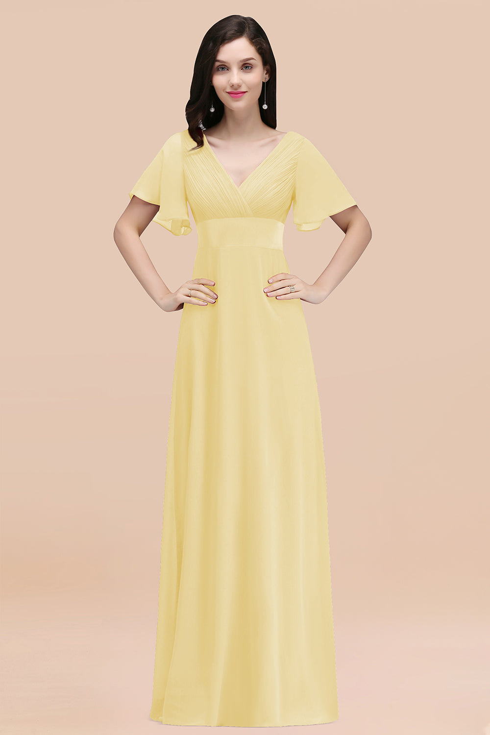 Yellow V-Neck Chiffon Empire Long Bridesmaid Dress with Pleats