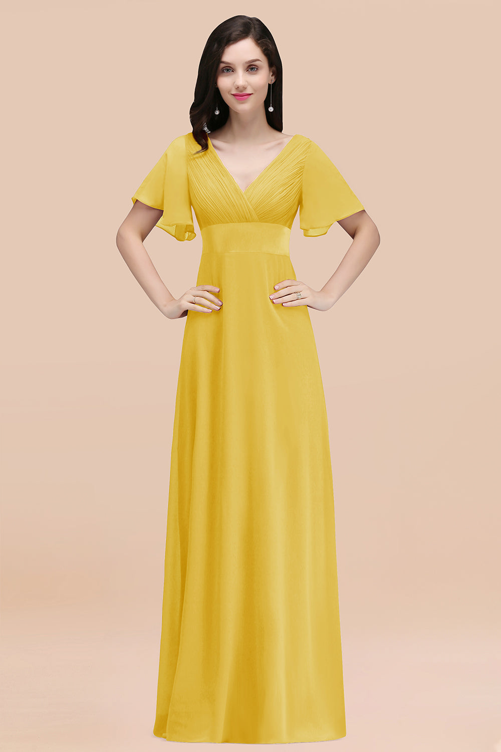 Yellow V-Neck Chiffon Empire Long Bridesmaid Dress with Pleats
