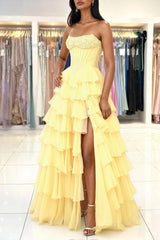 27Dress Yellow Strapless A Line High-slit Prom Dress with Ruffles