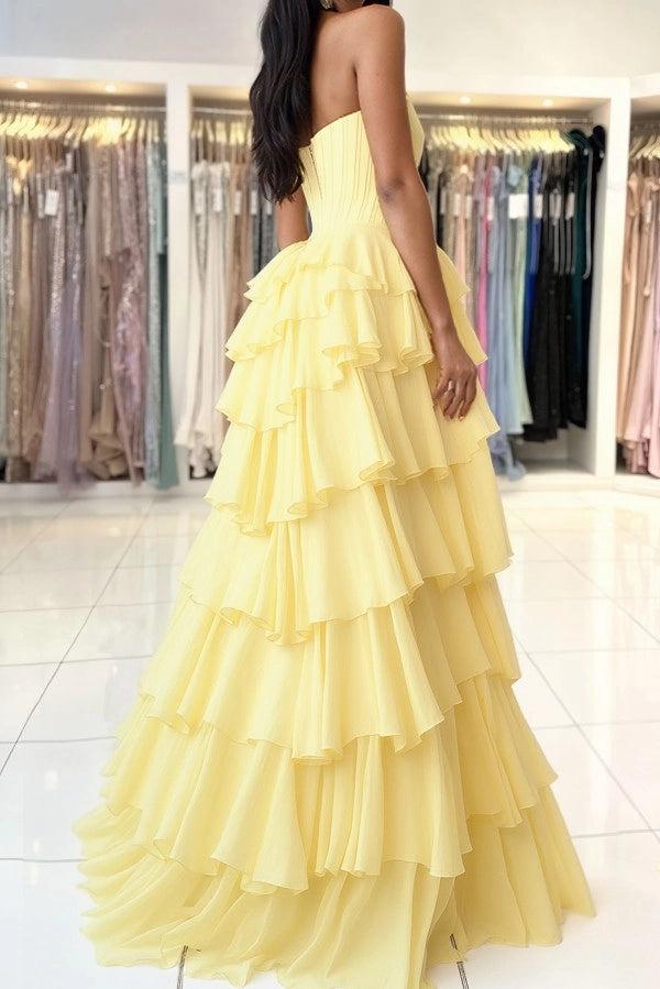27Dress Yellow Strapless A Line High-slit Prom Dress with Ruffles