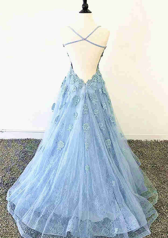 A-line Bateau Court Train Lace Prom Dress With Appliqued-27dress