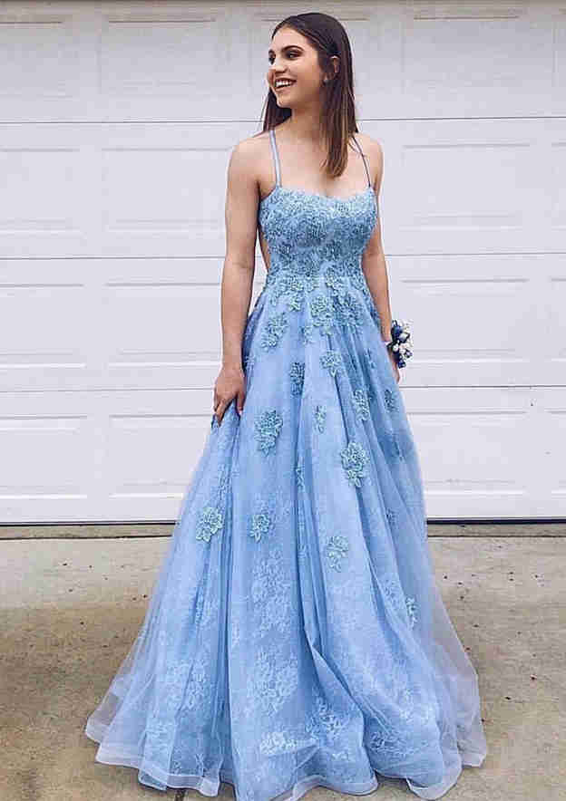 A-line Bateau Court Train Lace Prom Dress With Appliqued-27dress