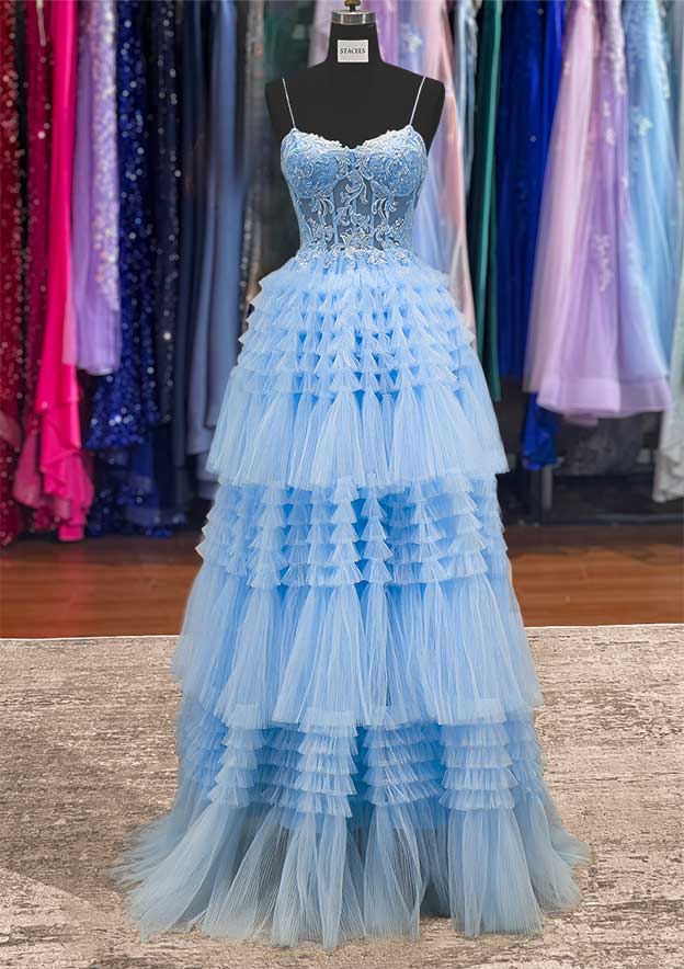 A-line Bateau Sleeveless Prom Dress with Appliqued Beading Ruffles and Tulle Long/Floor-Length Skirt-27dress