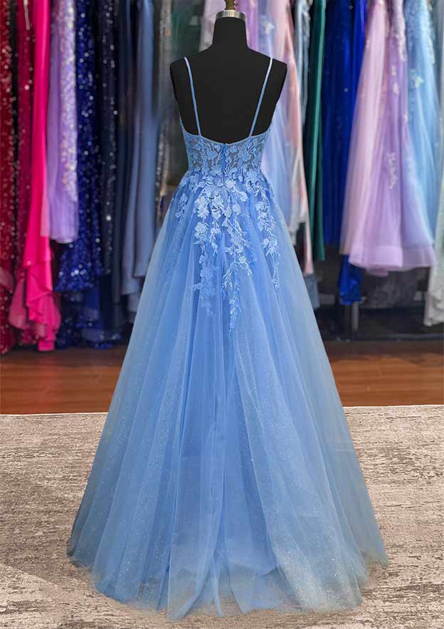 A-line Bateau Sleeveless Tulle Long Prom Dress with Appliqued-27dress