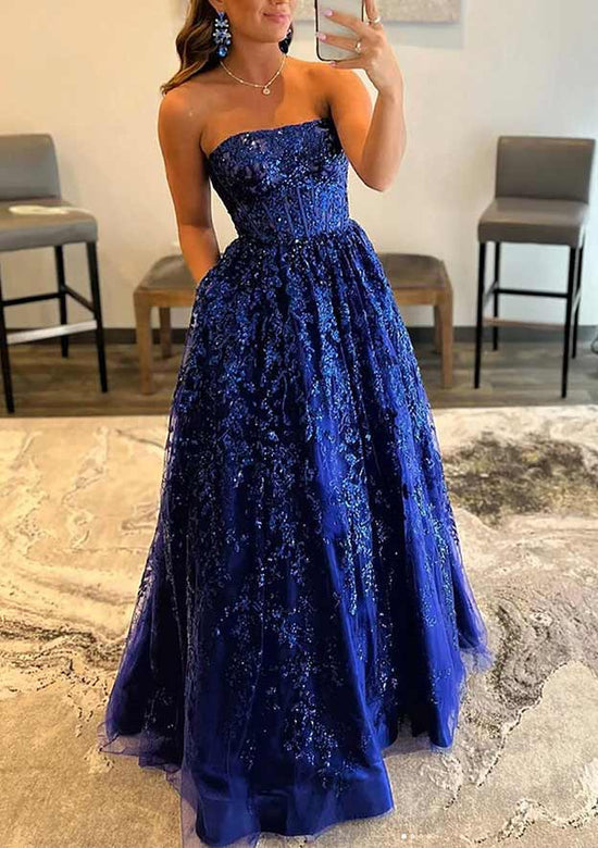 Load image into Gallery viewer, A-line Bateau Strapless Lace Prom Dress with Pockets for Special Occasions-27dress
