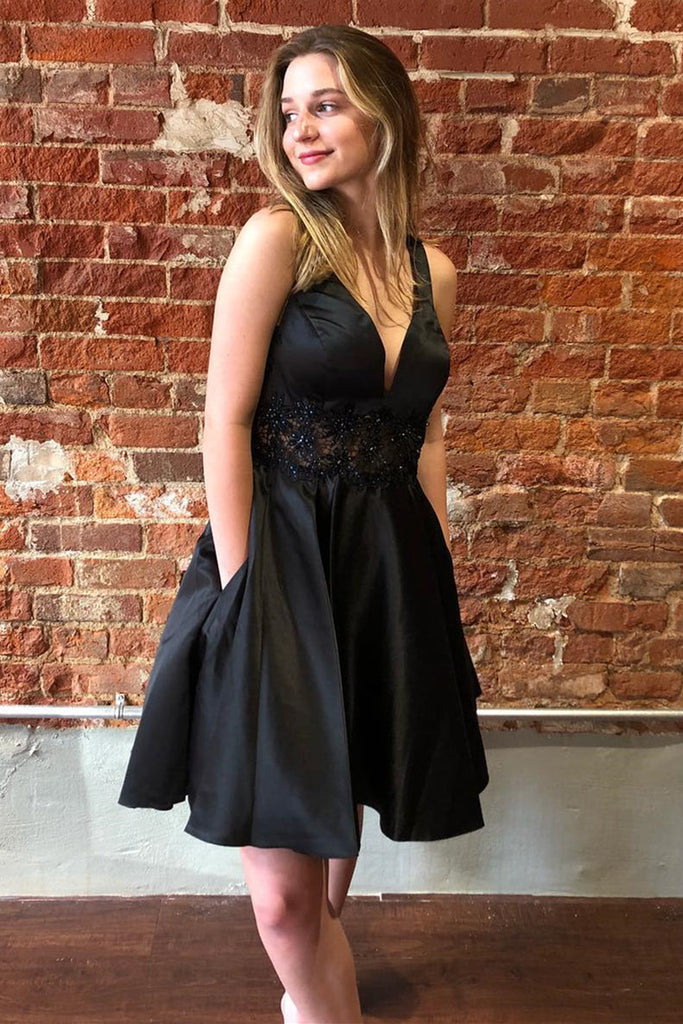 A-Line Black V-Neck Satin Short Homecoming Dress with Pockets  27dress