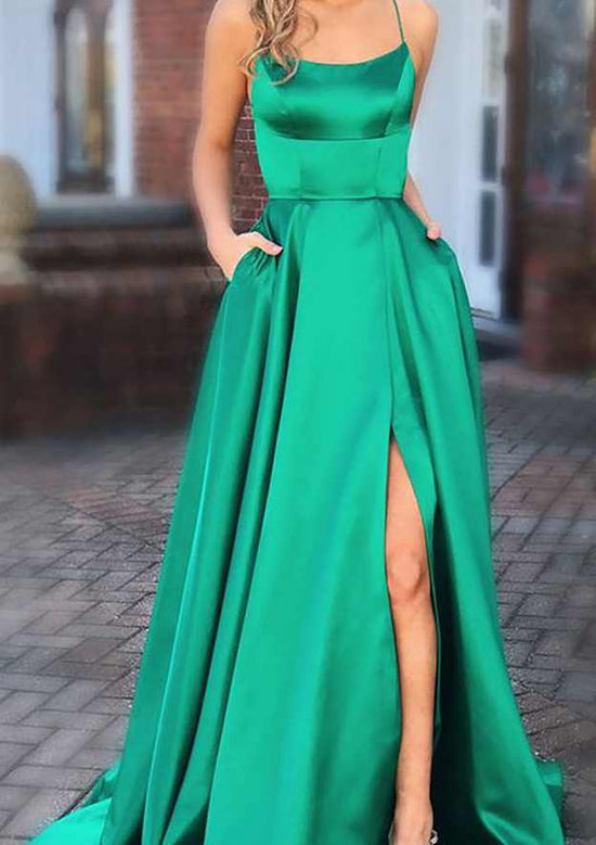 A-line Charmeuse Prom Dress with Square Neckline Spaghetti Straps Split Pockets and Sweep Train-27dress