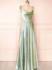 A-line Cowl Neck Satin Prom Dress with Split Front and Sweep Train