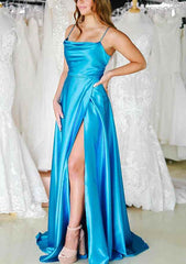 A-line Cowl Neck Spaghetti Straps Sweep Train Charmeuse Prom Dress With Split Pockets Pleated-27dress
