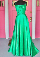 A-line Cowl Neck Spaghetti Straps Sweep Train Charmeuse Prom Dress With Split Pockets Pleated-27dress