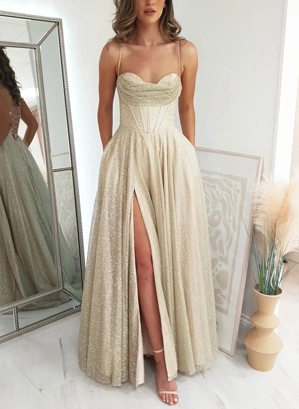 Long A-Line Cowl Neck Tulle Split Front Prom Dresses With Pockets 27dress Long A-Line Cowl Neck Tulle Split Front Prom Dresses With Pockets 27dress