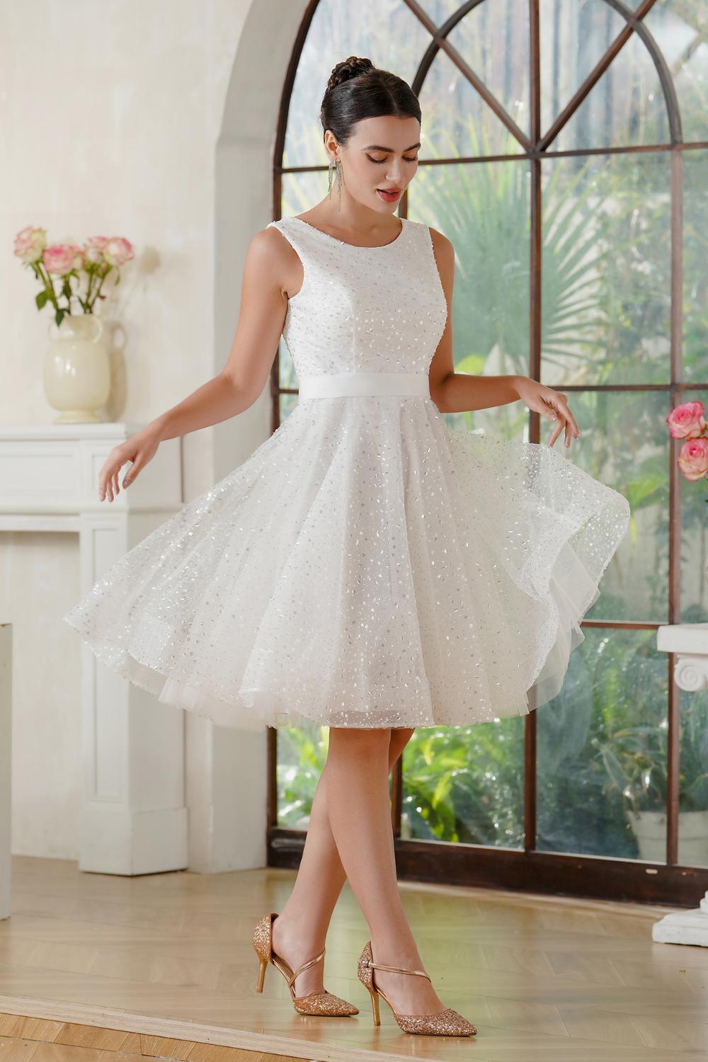A-Line Crew Tulle Sleeveless Short Sequined Prom Dresses-27dress