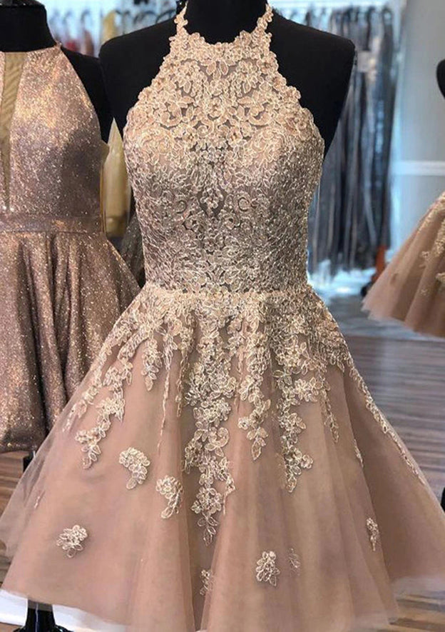 A-line Halter Homecoming Dress with Beading and Lace-27dress