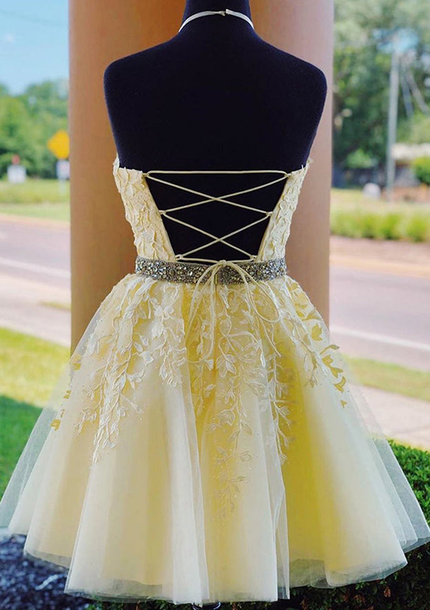 Load image into Gallery viewer, A-Line Halter Sleeveless Lace Tulle Short/Mini Homecoming Dress with Beading-27dress
