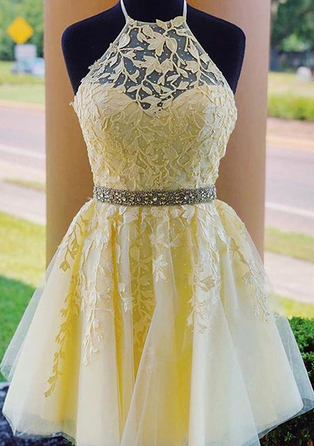 A-Line Halter Sleeveless Lace Tulle Short/Mini Homecoming Dress with Beading-27dress
