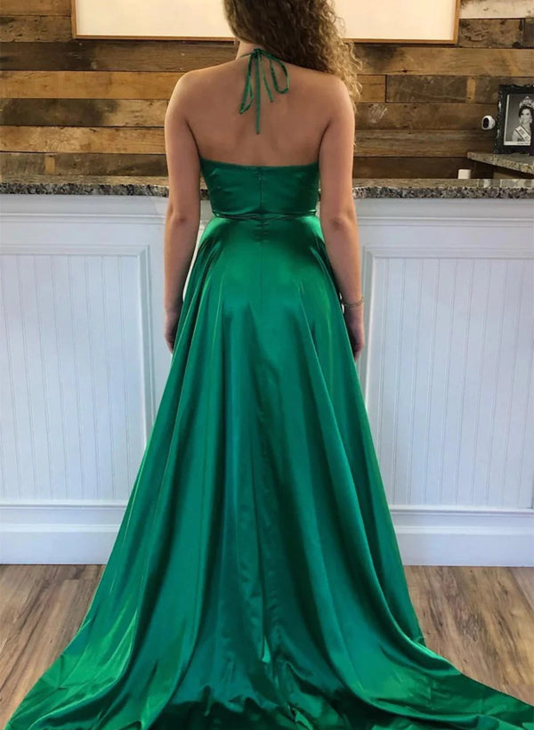 Load image into Gallery viewer, A-Line Halter Sleeveless Satin Prom Dress with Pockets &amp;amp; Sweep Train-27dress

