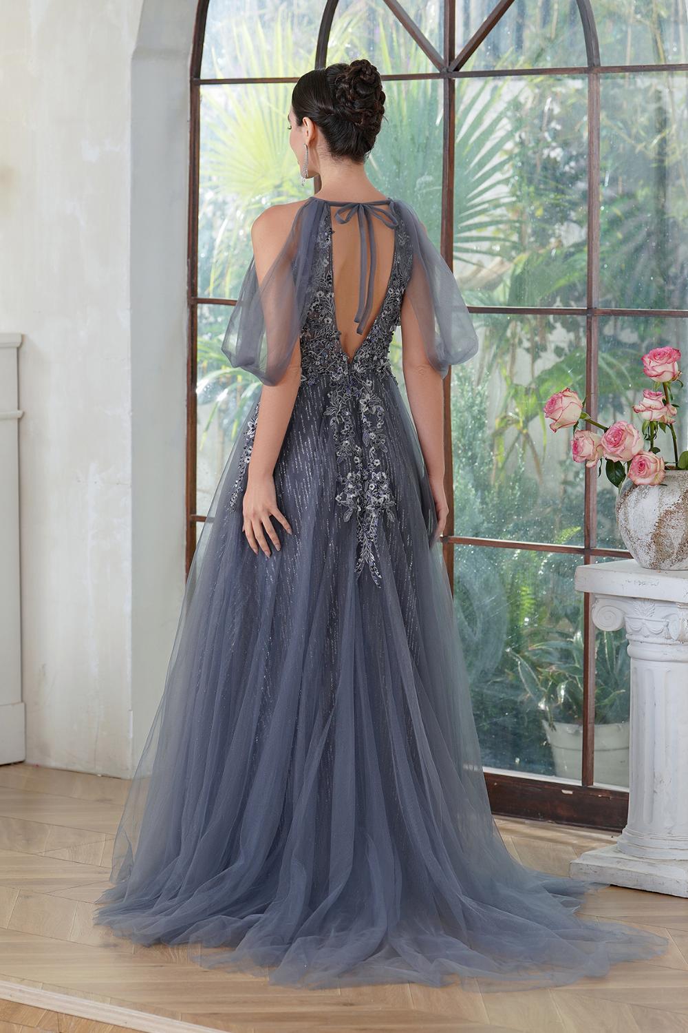 A-line Halter Tulle Long Prom Dresses with Lace Applique and Beaded-27dress