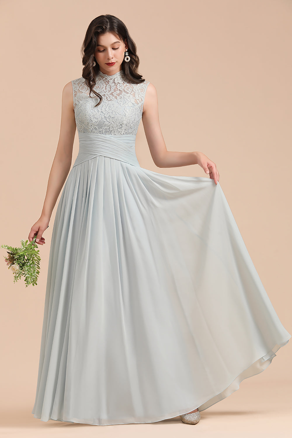 lace bridesmaid dresses A-Line High Neck Lace Chiffon Bridesmaid Dress