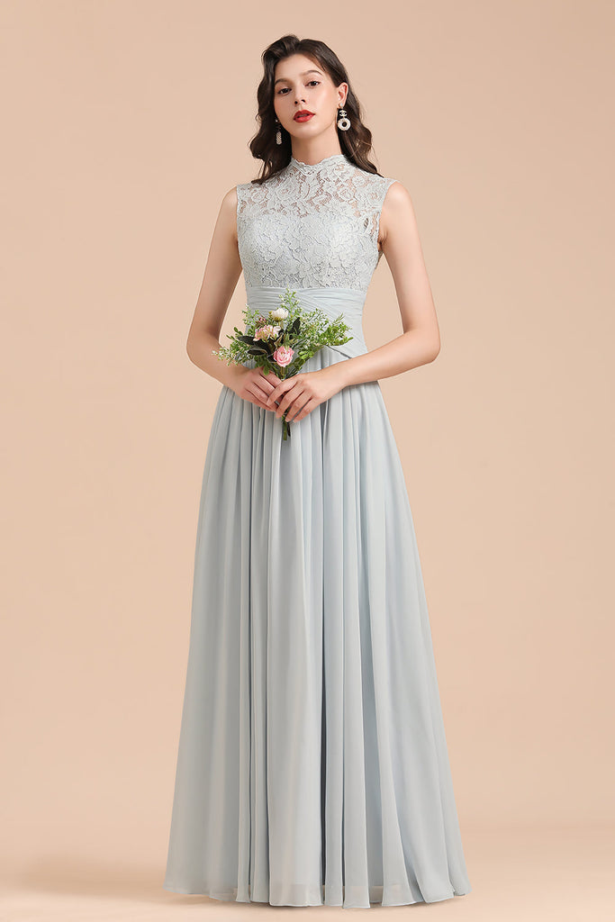 blue dress for baby girl A-line High Neck Lace Chiffon Long Sleeveless Bridesmaid Dress – 27dress
