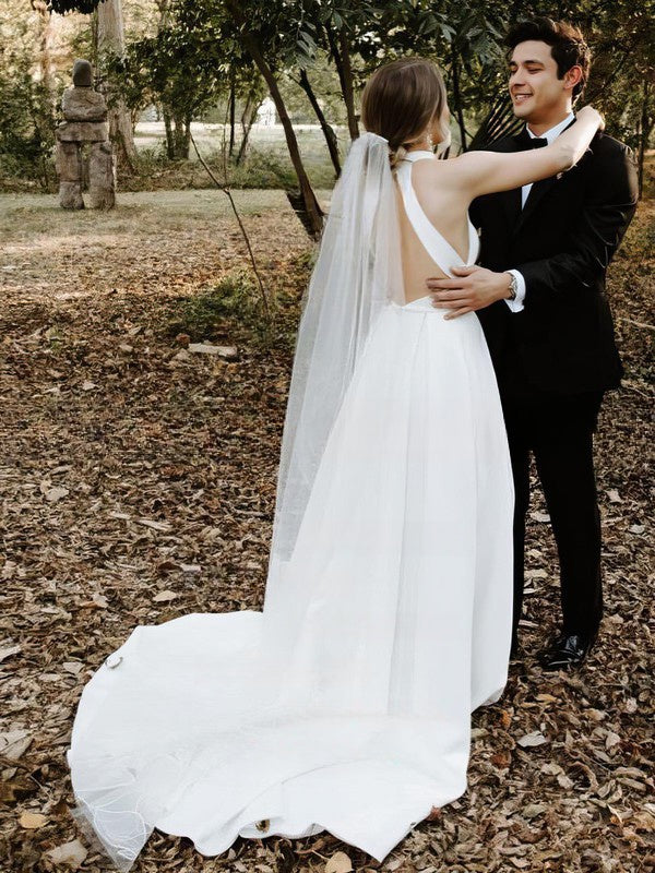 A-line High Neck Satin Sweep Train Sleeveless Wedding Dresses 27dress A-line High Neck Satin Sweep Train Sleeveless Wedding Dresses 27dress